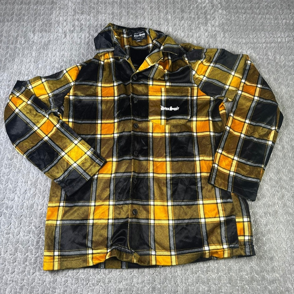 Dogg Supply Snoop Dogg Mens Yellow Black Plaid Velvet Button Down Shirt Medium